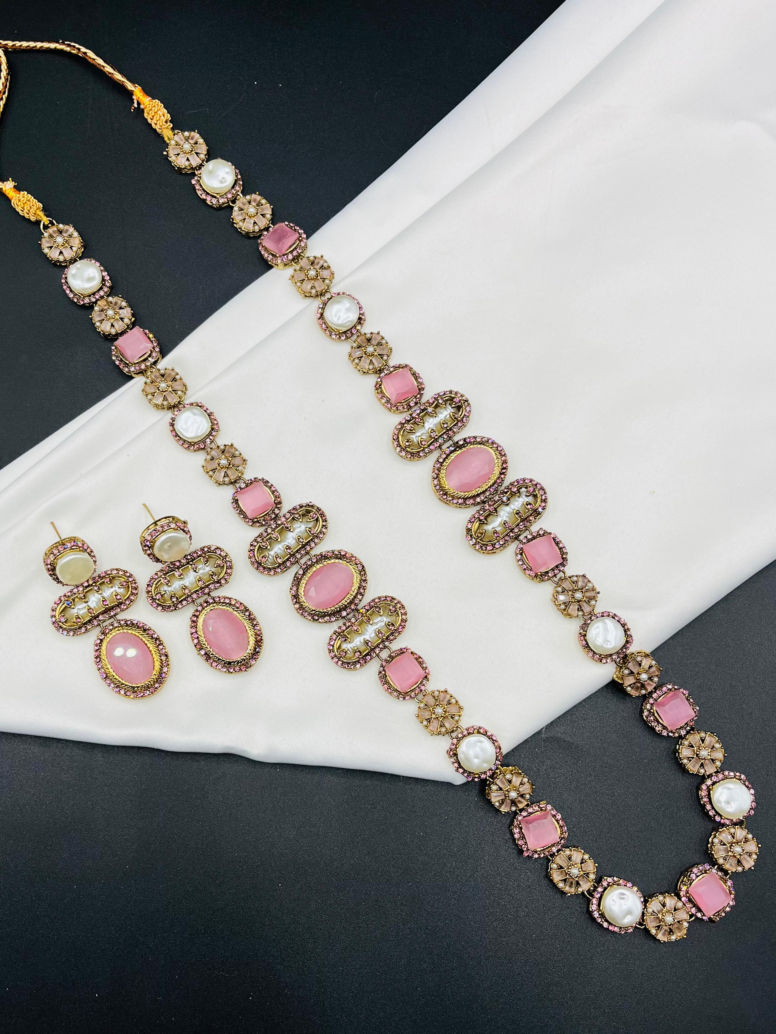 Antique Green Stone & Pearl Long Necklace Set