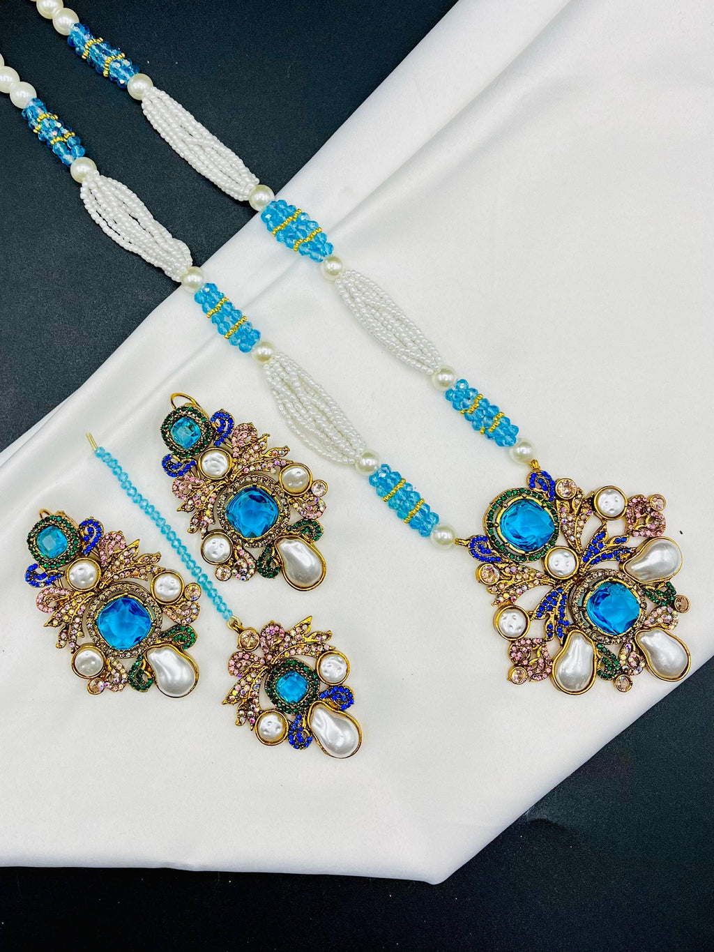 kundan & pearl beaded mala set with earrings and tikka
