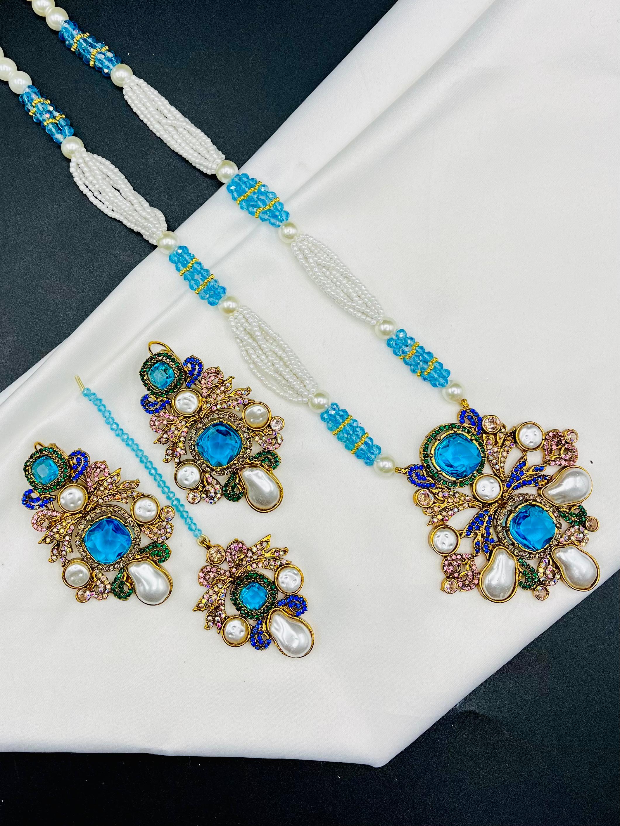 kundan & pearl beaded mala set with earrings and tikka