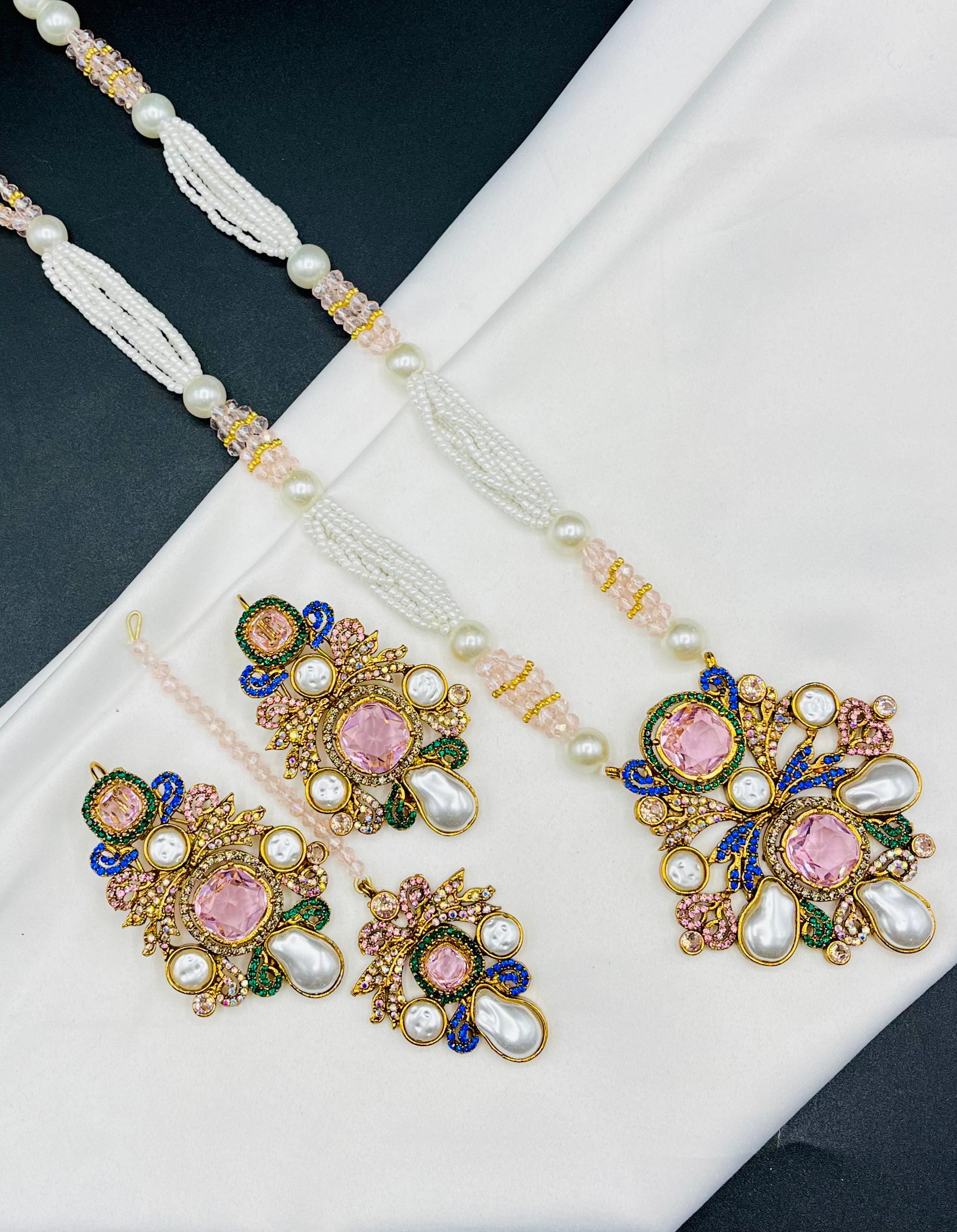 kundan & pearl beaded mala set with earrings and tikka