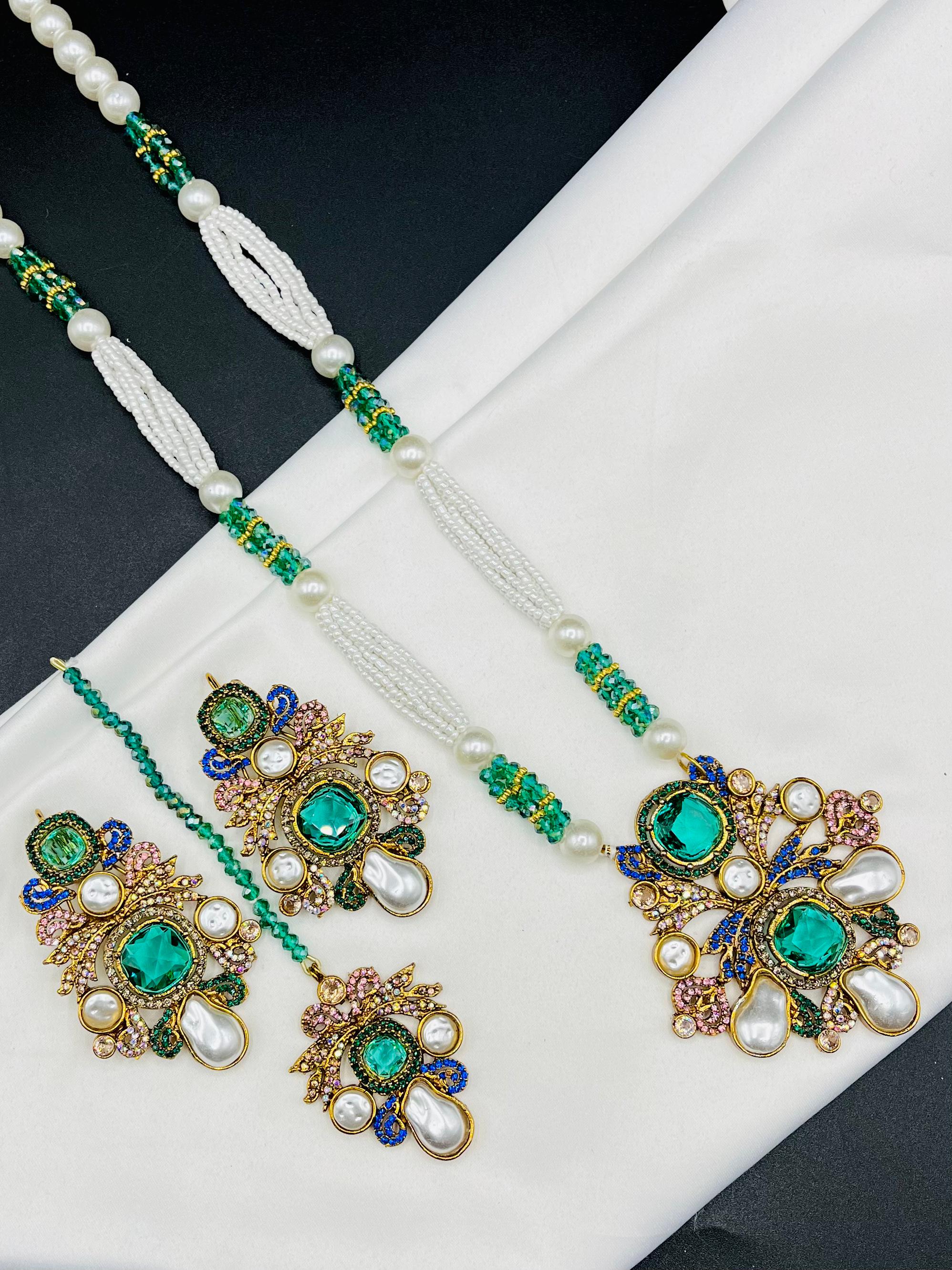 kundan & pearl beaded mala set with earrings and tikka