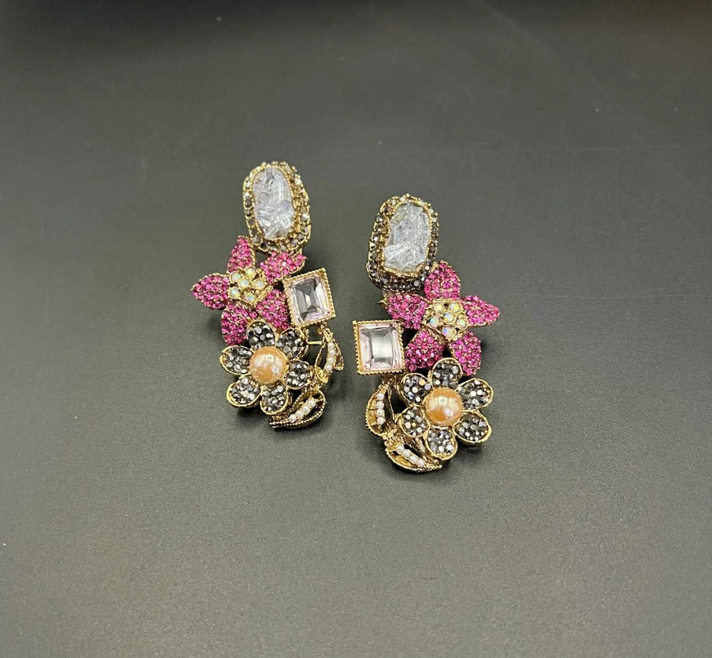 Stone Floral Earrings – Handcrafted Elegance in Fine Finish
