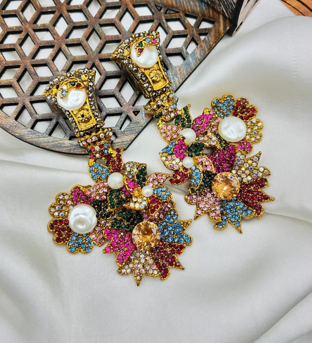 MULTICOLOUR CRYSTAL & PEARL STATEMENT EARRINGS