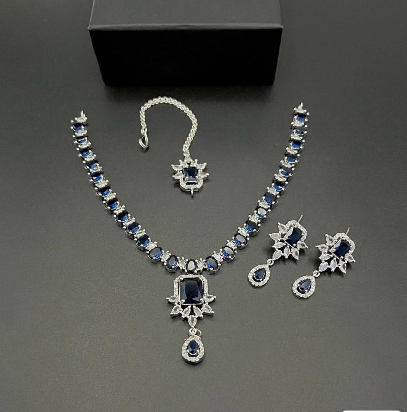 Elegant American Diamond Necklace Set with Earrings & Maang Tikka