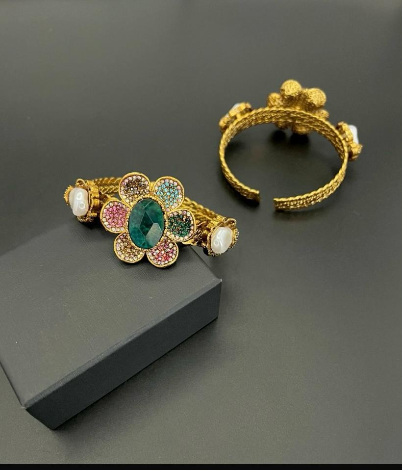 Gold Plated MOP Designer Bracelet with Ruby Floral Motif