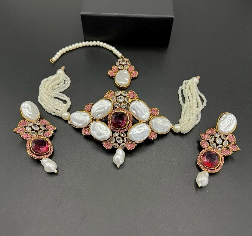 MOP & Ruby Red Stone Designer Choker Set – Regal Pearl Edition
