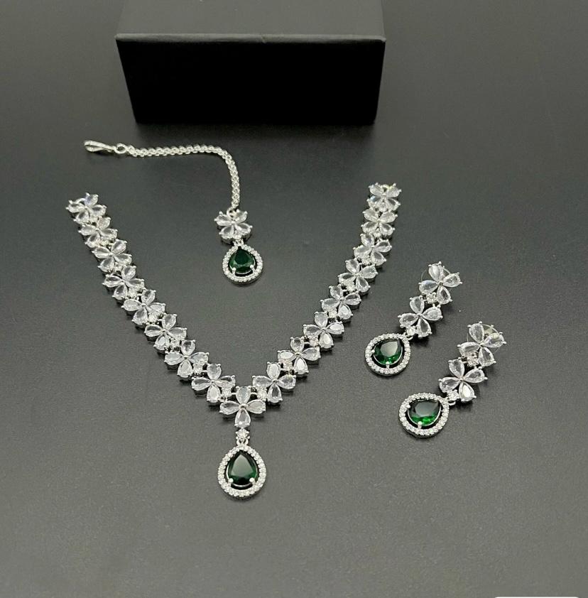 American Diamond Emerald Drop Partywear Set
