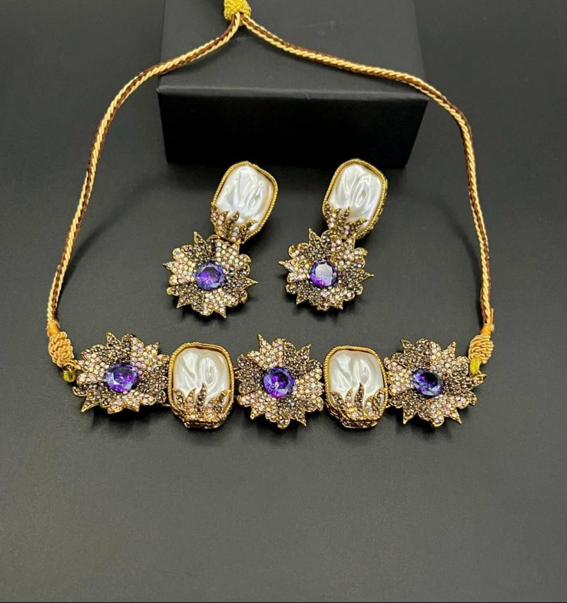Gold Plated MOP Designer Choker Set with Earrings – Pink Stone Edition