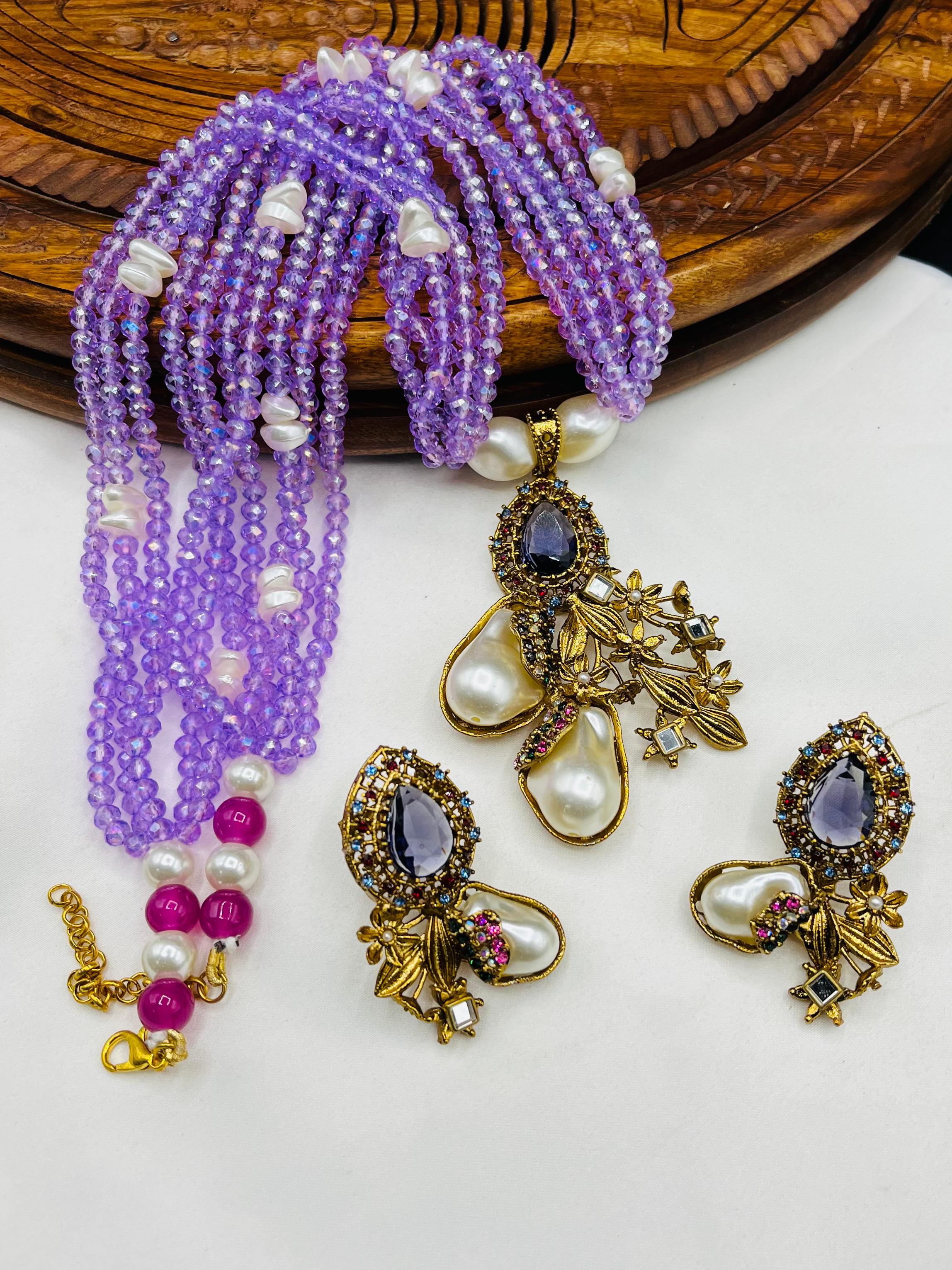 Royal Amethyst Pearl Blossom Set – Statement Necklace & Earrings